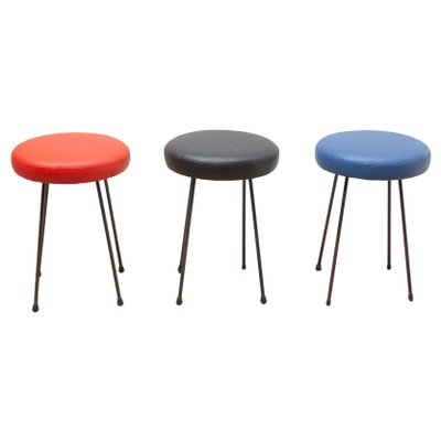 Black, Red and Blue Low Bar Stools, France, 1950s, Set of 3-KL-1132370