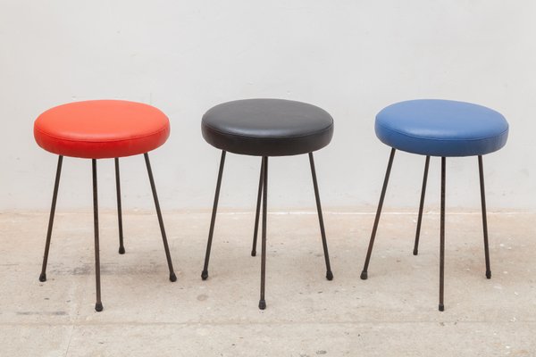 Black, Red and Blue Low Bar Stools, France, 1950s, Set of 3-KL-1132370