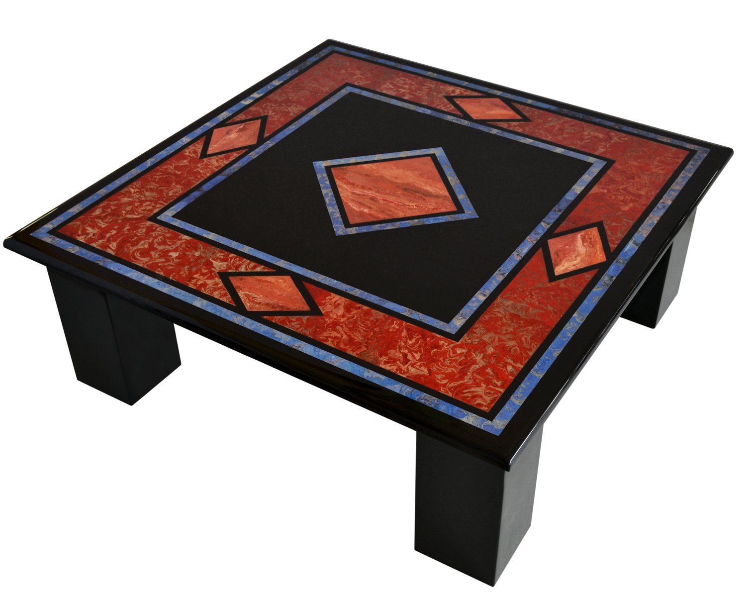 Black Square Coffee Table with Inlaid Slate Top and 4-Slate Columns Handmade in Italy from Cupioli