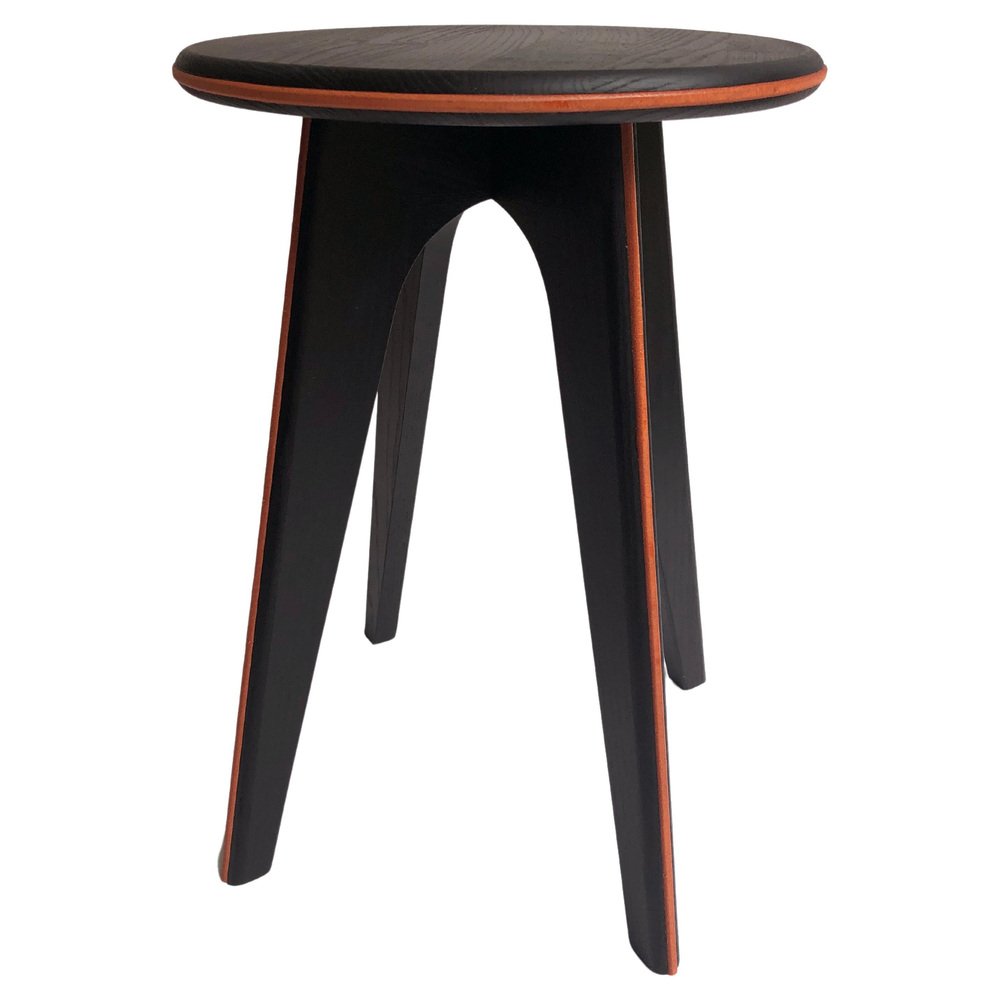 Black Stained Ash and Orange Leather ASSY Stool by Mademoiselle Jo