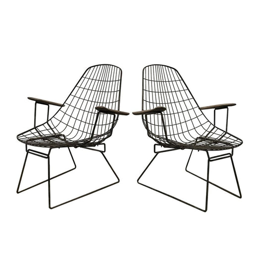 Black Wire Easy Chairs with Wooden Armrests, 1960s, Set of 2