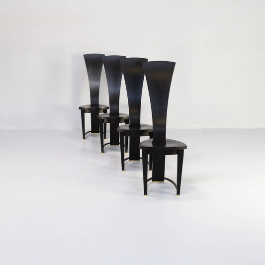 Black Wooden High Back Chairs with Brass Feet, 1980s, Set of 4