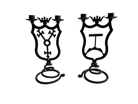 Black Wrought Iron Candleholders with Coats of Arms, Set of 2-FSD-1409207