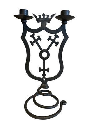 Black Wrought Iron Candleholders with Coats of Arms, Set of 2-FSD-1409207