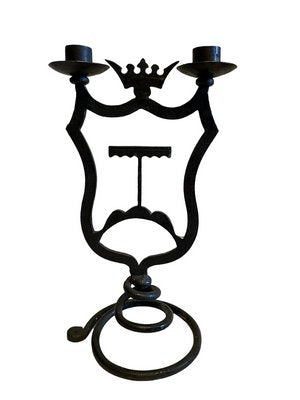 Black Wrought Iron Candleholders with Coats of Arms, Set of 2-FSD-1409207