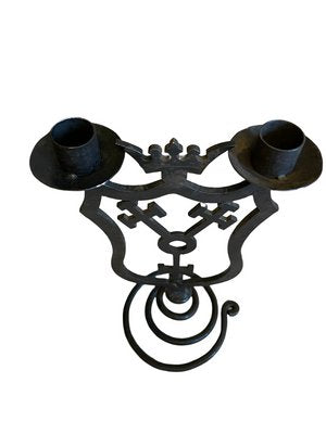 Black Wrought Iron Candleholders with Coats of Arms, Set of 2-FSD-1409207