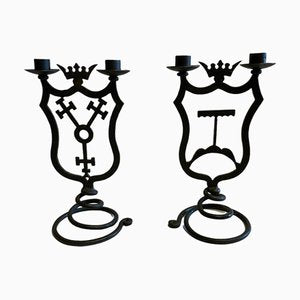 Black Wrought Iron Candleholders with Coats of Arms, Set of 2-FSD-1409207