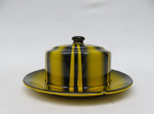 Black & Yellow Enameled Butter Dish with Spray Decoration, 1920s-EY-888819