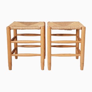 Blonde Wood and Rush Stools, 1970s, Set of 2-SJU-1735517