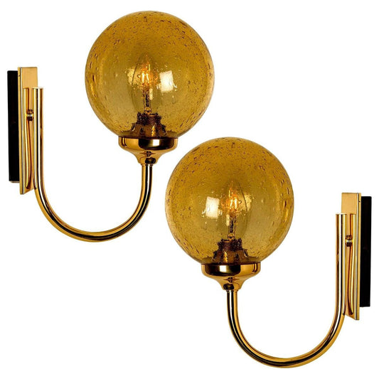 Blown Amber Glass and Brass Wall Lights from Limburg Glashütte, 1960s, Set of 2