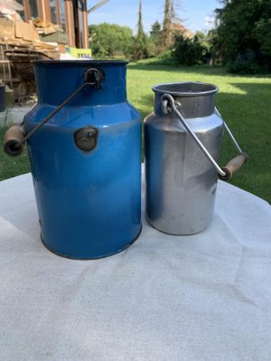 Blue and Aluminum Milk Cans, 1950s, Set of 2-OXJ-1730450