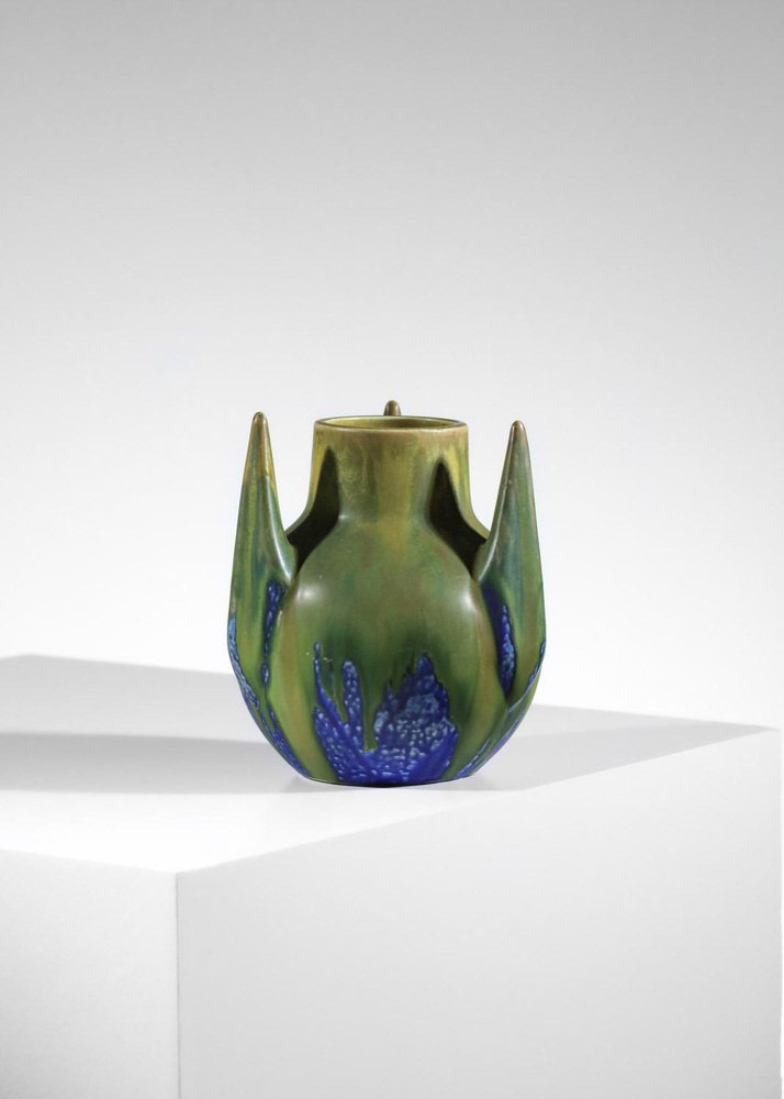 Blue and Green Glazed Free-Form Ceramic Vase by Gilbert Méténier, 1920s