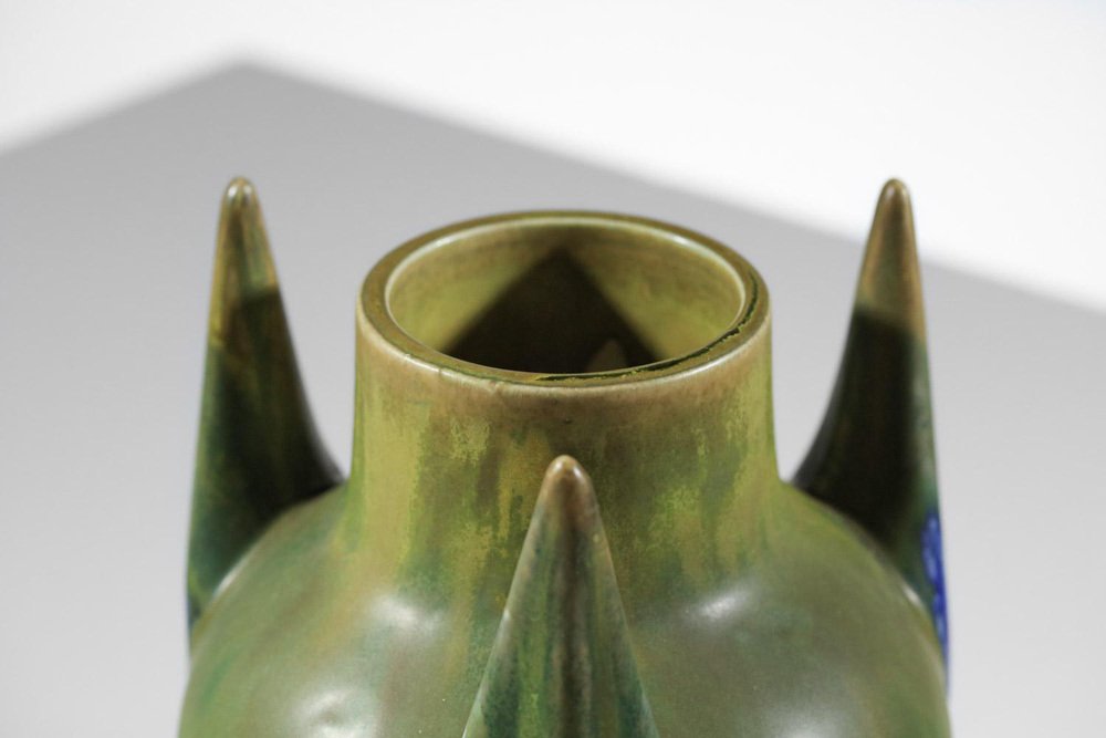 Blue and Green Glazed Free-Form Ceramic Vase by Gilbert Méténier, 1920s