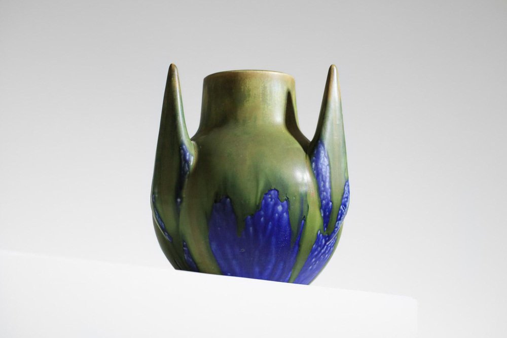 Blue and Green Glazed Free-Form Ceramic Vase by Gilbert Méténier, 1920s