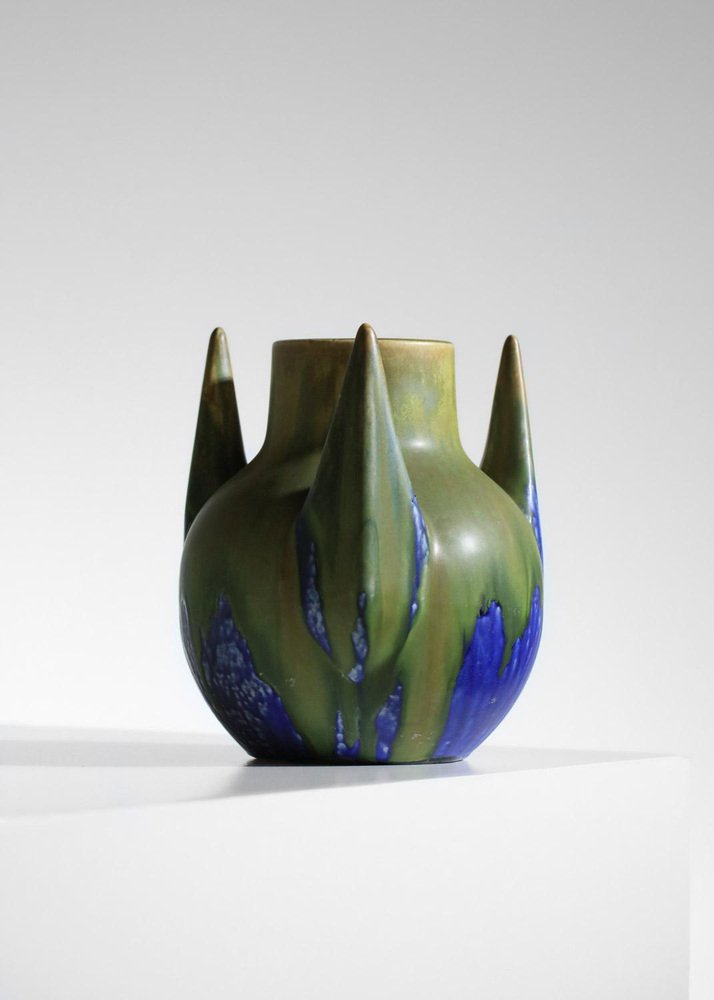 Blue and Green Glazed Free-Form Ceramic Vase by Gilbert Méténier, 1920s