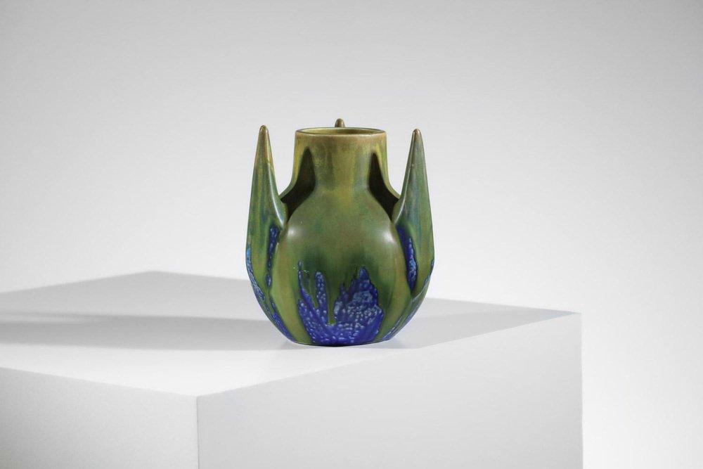 Blue and Green Glazed Free-Form Ceramic Vase by Gilbert Méténier, 1920s