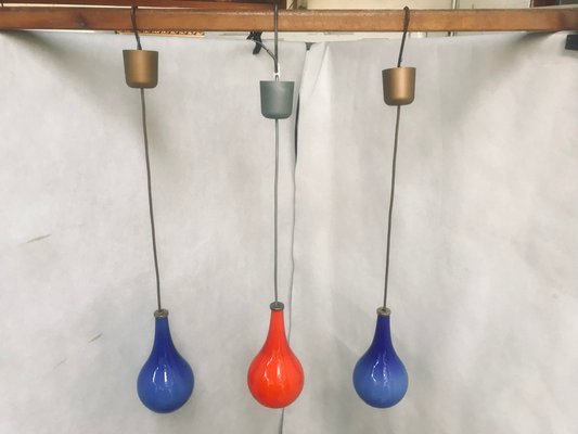 Blue and Red Double-Layered Glass Ceiling Lights, 1970s, Set of 3-WQQ-1377381