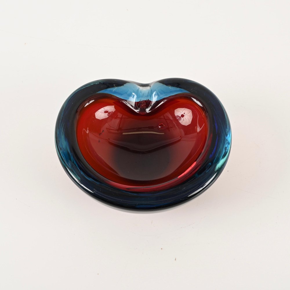 Blue and Red Sommerso Murano Glass Heart-Shaped Bowl by Flavio Poli, Italy, 1960s