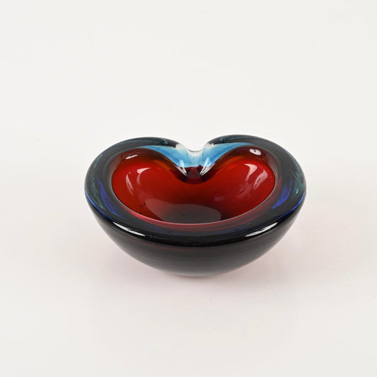 Blue and Red Sommerso Murano Glass Heart-Shaped Bowl by Flavio Poli, Italy, 1960s