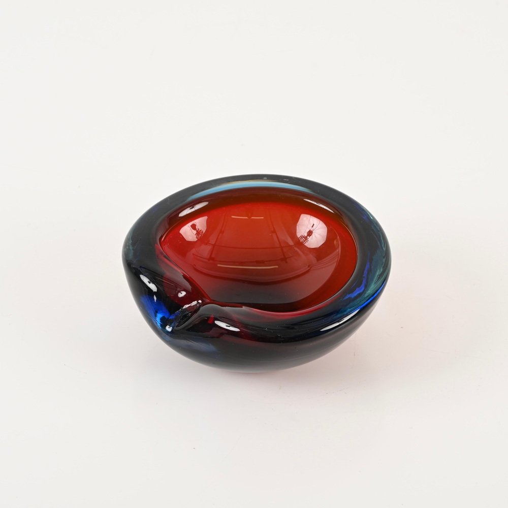 Blue and Red Sommerso Murano Glass Heart-Shaped Bowl by Flavio Poli, Italy, 1960s