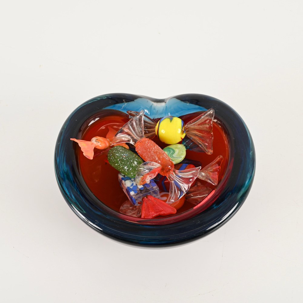 Blue and Red Sommerso Murano Glass Heart-Shaped Bowl by Flavio Poli, Italy, 1960s