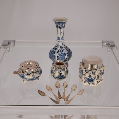 Blue and White Delftware Vase, Tea Caddy & Silver Spoons, Set of 11-GOE-1342272