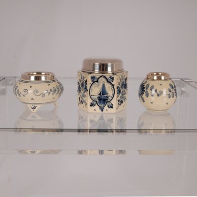 Blue and White Delftware Vase, Tea Caddy & Silver Spoons, Set of 11-GOE-1342272