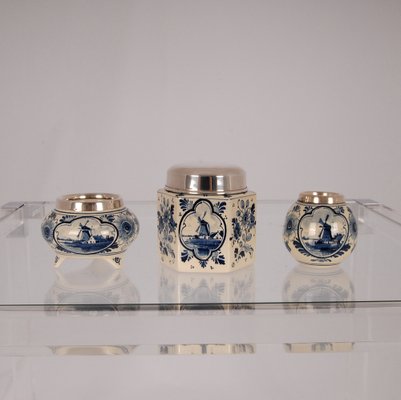 Blue and White Delftware Vase, Tea Caddy & Silver Spoons, Set of 11-GOE-1342272