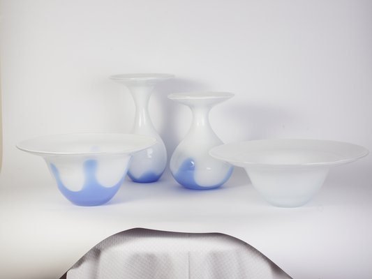 Blue and White Glass Bowl and Vase Set from Egermann, 1980s, Set of 4-IND-546938