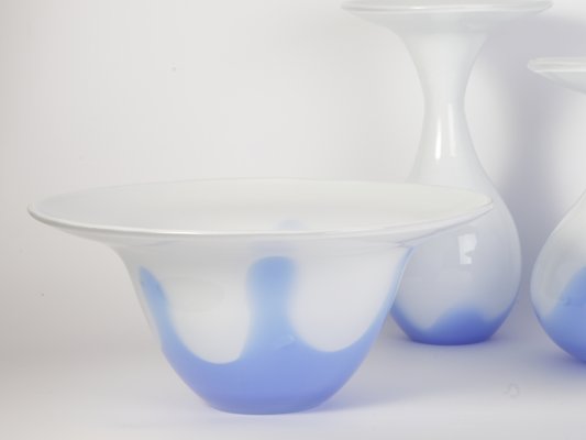 Blue and White Glass Bowl and Vase Set from Egermann, 1980s, Set of 4-IND-546938