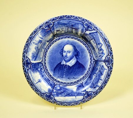 Blue and White Souvenir Plate with Portrait of William Shakespeare by Samuel Hancock & Sons, 1904-YNA-784427