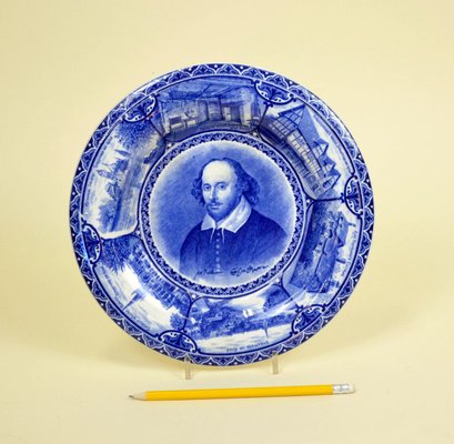 Blue and White Souvenir Plate with Portrait of William Shakespeare by Samuel Hancock & Sons, 1904-YNA-784427