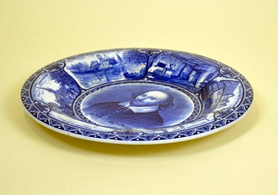 Blue and White Souvenir Plate with Portrait of William Shakespeare by Samuel Hancock & Sons, 1904-YNA-784427