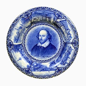 Blue and White Souvenir Plate with Portrait of William Shakespeare by Samuel Hancock & Sons, 1904-YNA-784427