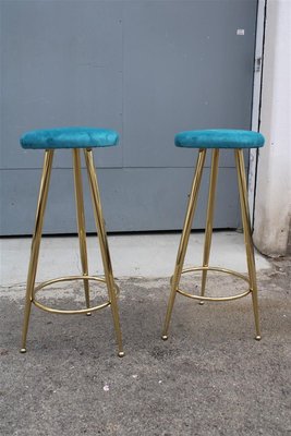 Blue Brass and Velvet Stools, Italy, 1950s, Set of 2-EH-1383345