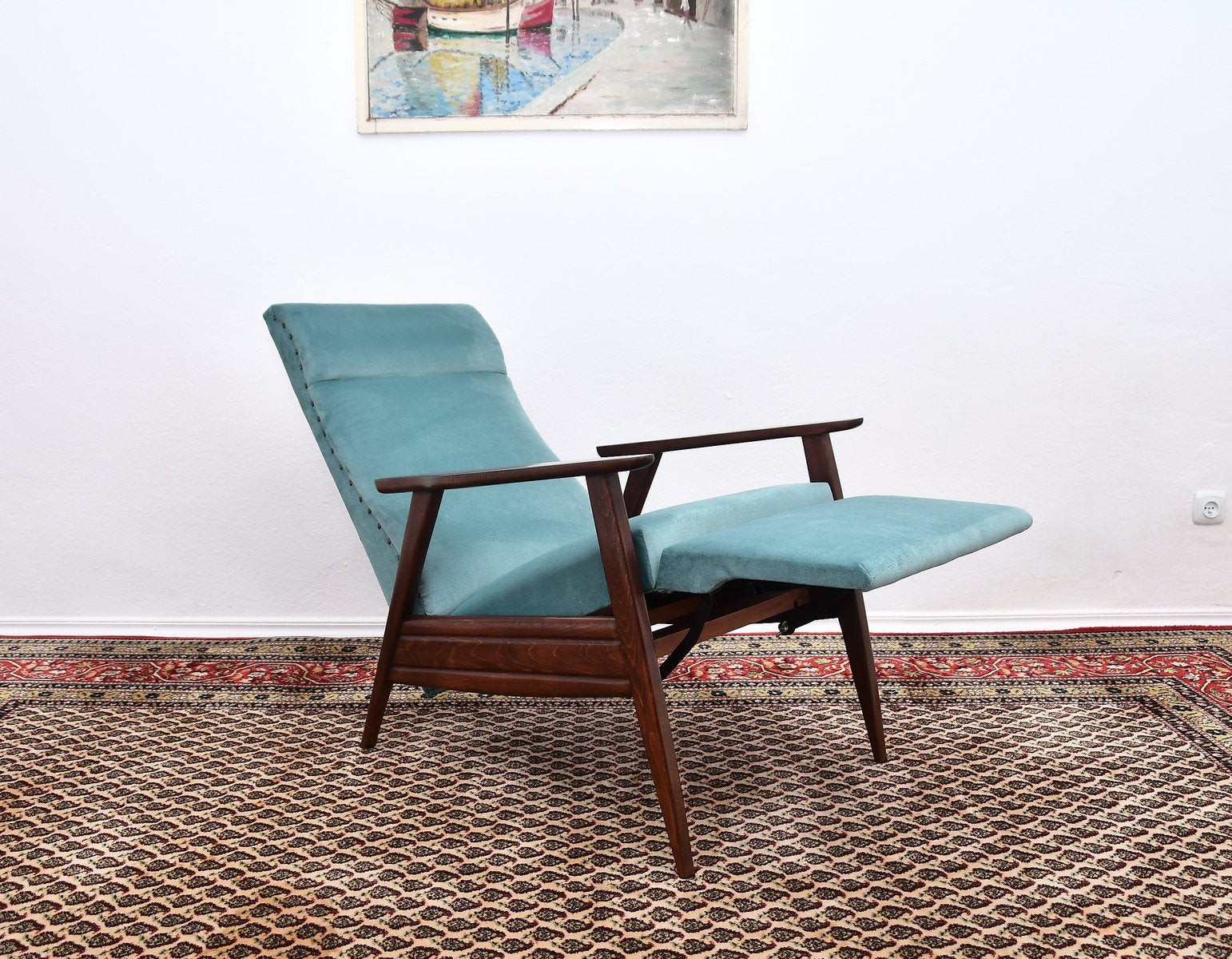 Blue Chair with Foldable Footrest, 1960s