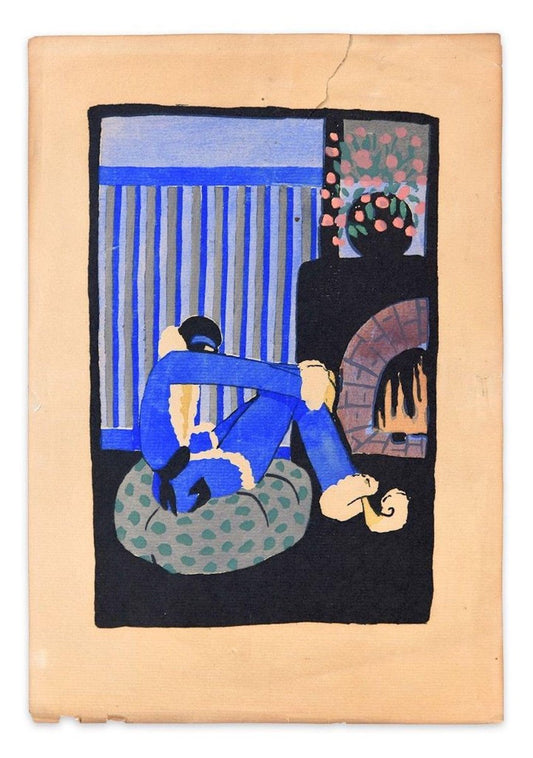 Blue Christmas - Woodcut Hand Colored in Tempera on Paper - Art Deco - 1920s 1920s