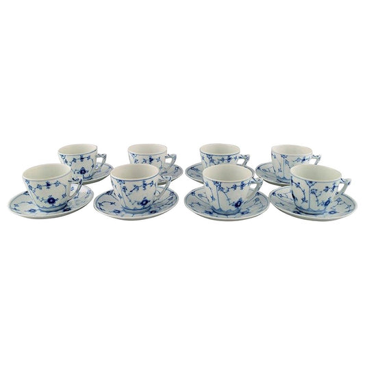 Blue Fluted Coffee Cups with Saucers from Bing & Grøndahl, Set of 16