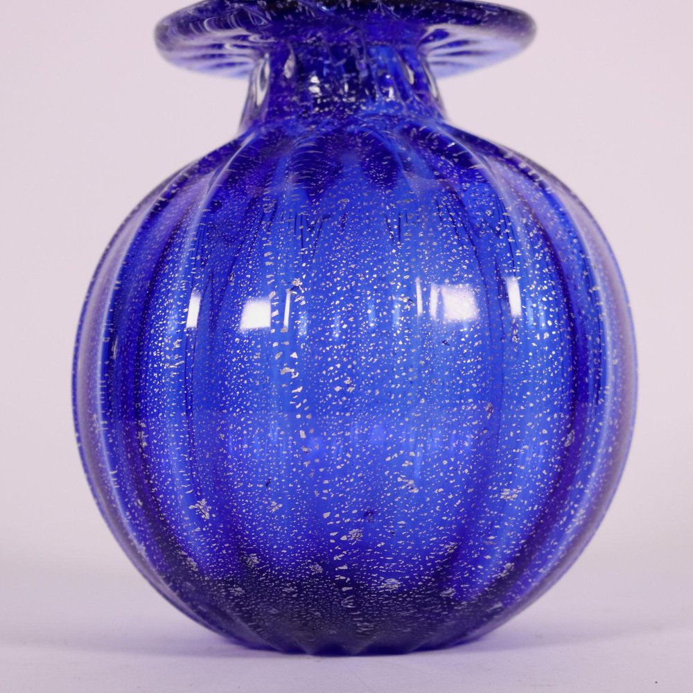 Blue Glass Bottle with Silver Leaf Inclusions