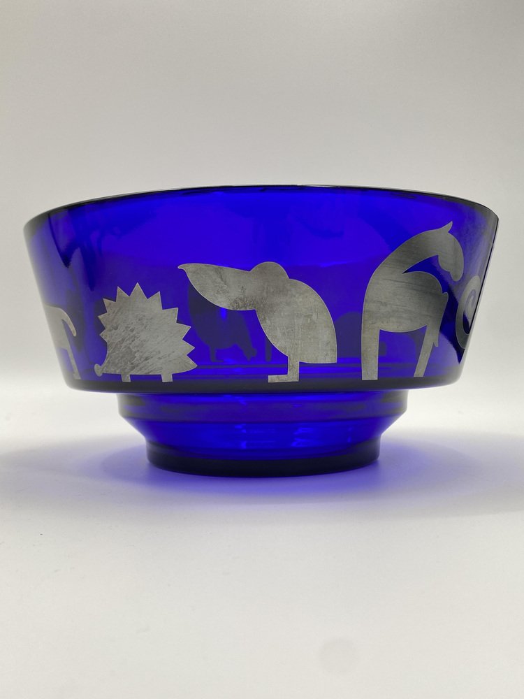 Blue Glass Bowl with Animal Motifs in Silver by Marco Susani & Elisabeth Vidal for Sottsass Associati, Italy, 1990s