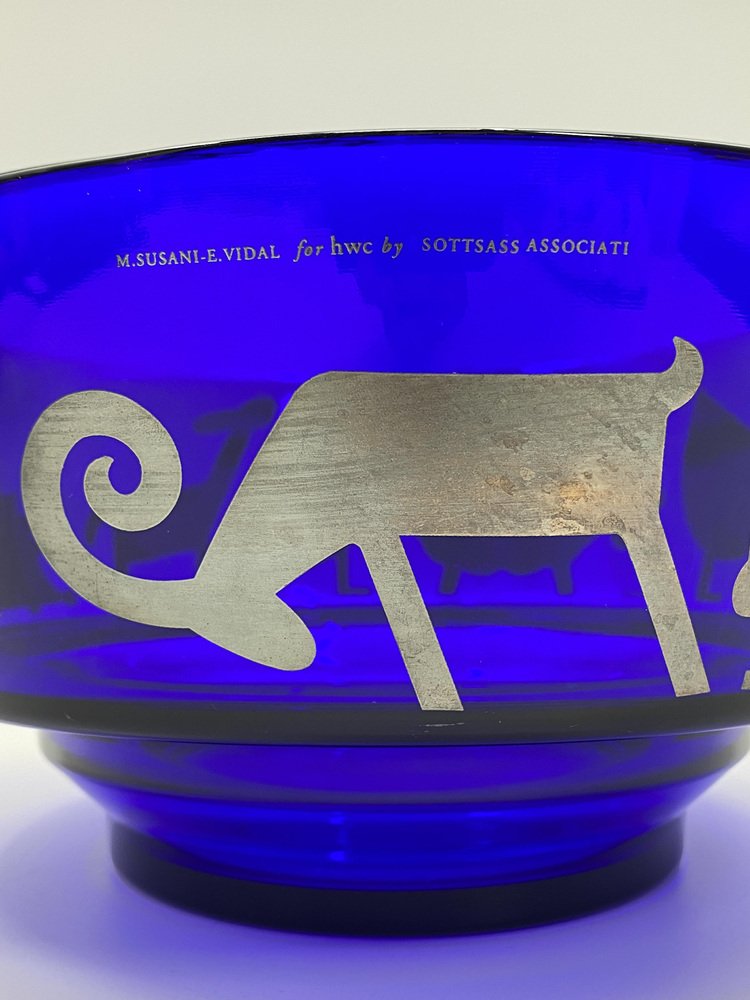 Blue Glass Bowl with Animal Motifs in Silver by Marco Susani & Elisabeth Vidal for Sottsass Associati, Italy, 1990s