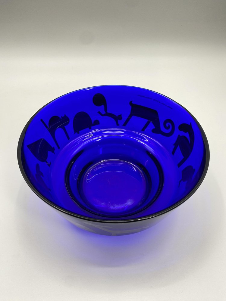 Blue Glass Bowl with Animal Motifs in Silver by Marco Susani & Elisabeth Vidal for Sottsass Associati, Italy, 1990s