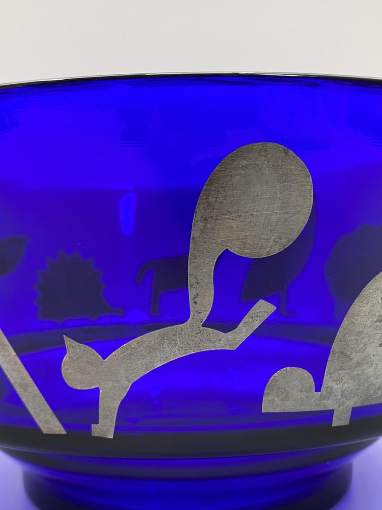 Blue Glass Bowl with Animal Motifs in Silver by Marco Susani & Elisabeth Vidal for Sottsass Associati, Italy, 1990s