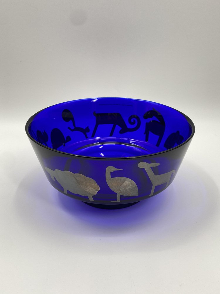 Blue Glass Bowl with Animal Motifs in Silver by Marco Susani & Elisabeth Vidal for Sottsass Associati, Italy, 1990s