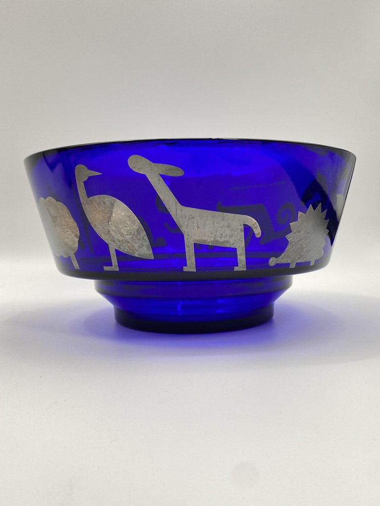 Blue Glass Bowl with Animal Motifs in Silver by Marco Susani & Elisabeth Vidal for Sottsass Associati, Italy, 1990s