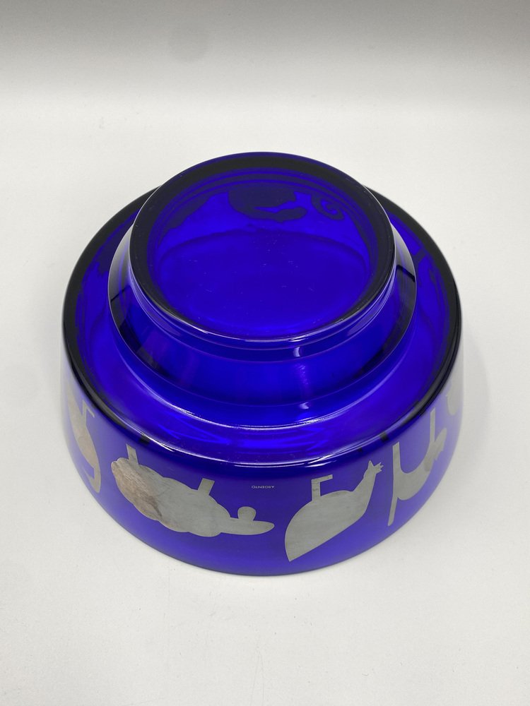 Blue Glass Bowl with Animal Motifs in Silver by Marco Susani & Elisabeth Vidal for Sottsass Associati, Italy, 1990s