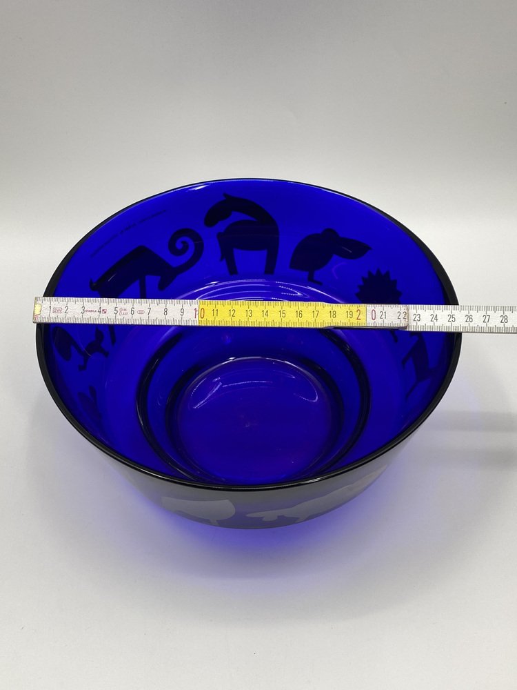 Blue Glass Bowl with Animal Motifs in Silver by Marco Susani & Elisabeth Vidal for Sottsass Associati, Italy, 1990s