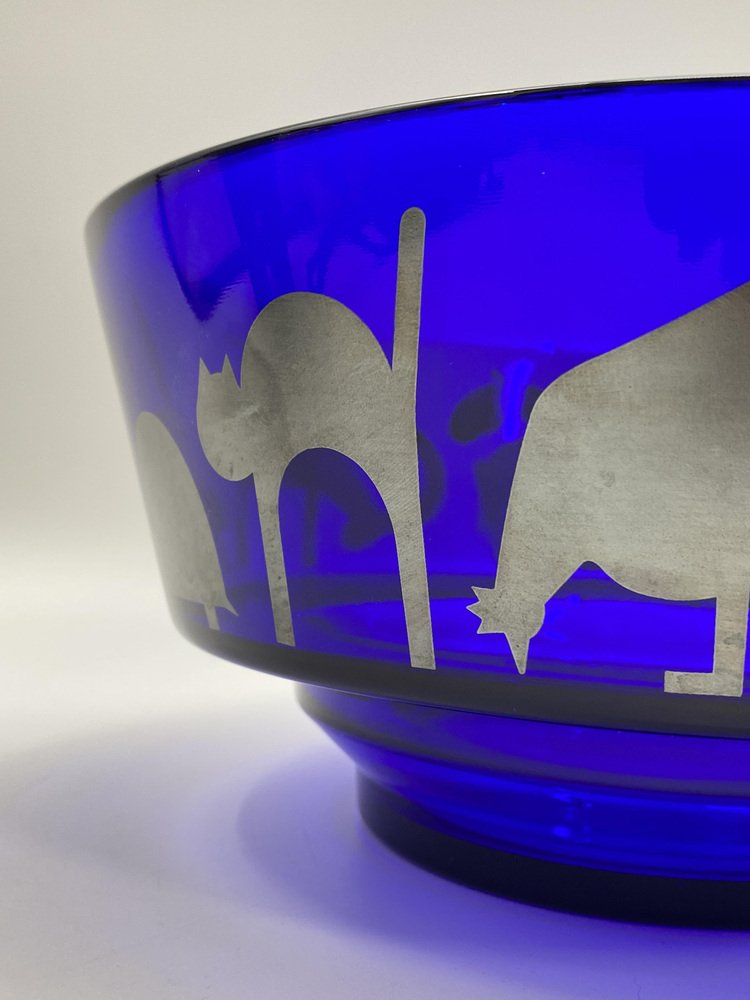 Blue Glass Bowl with Animal Motifs in Silver by Marco Susani & Elisabeth Vidal for Sottsass Associati, Italy, 1990s