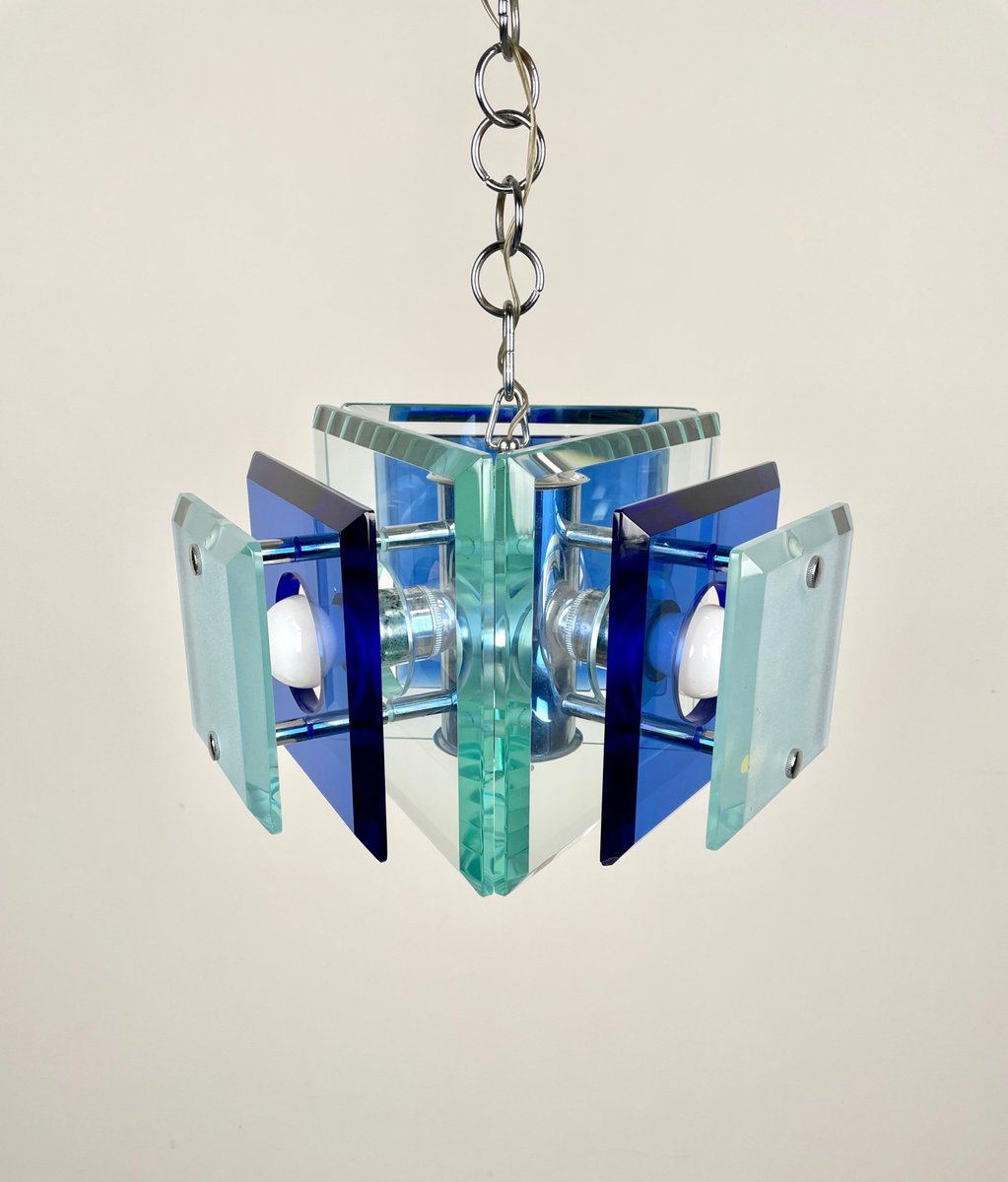 Blue Glass & Chrome Chandelier from Lupi Cristal Luxor, Italy, 1970s