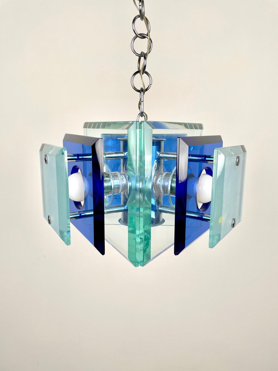 Blue Glass & Chrome Chandelier from Lupi Cristal Luxor, Italy, 1970s